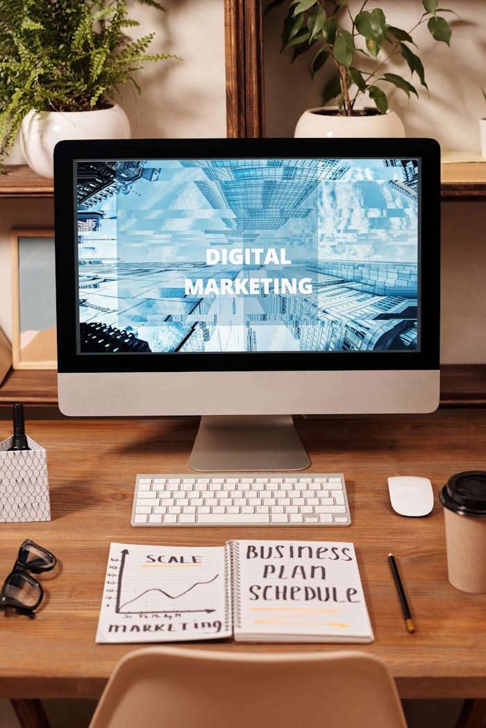 about-02 Contemporary office setup featuring digital marketing strategy on a computer screen, ideal for business technology themes.