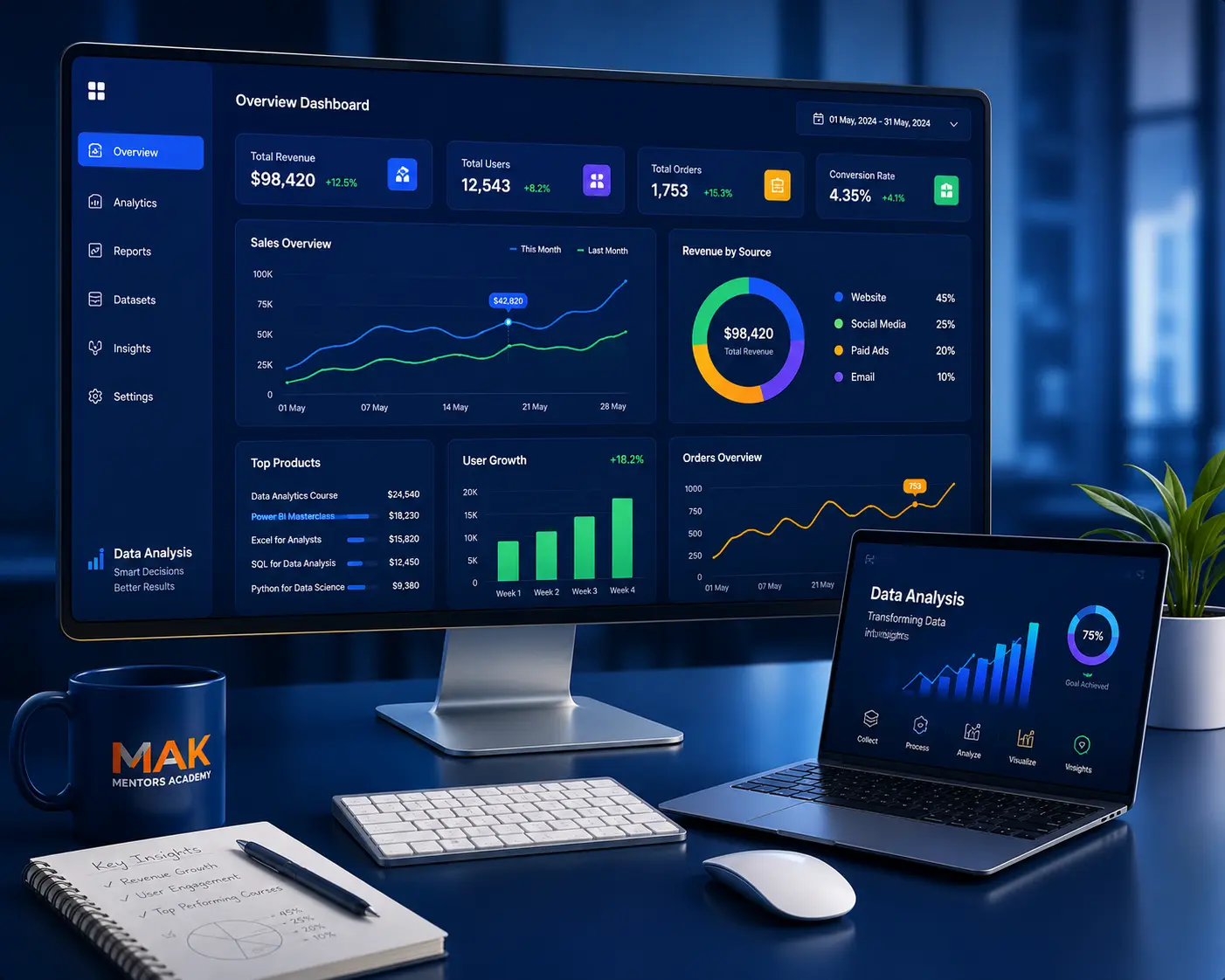 Data Analysis Course in Delhi dashboard showing Excel Power BI SQL and Python analytics training at Mak Mentors Academy